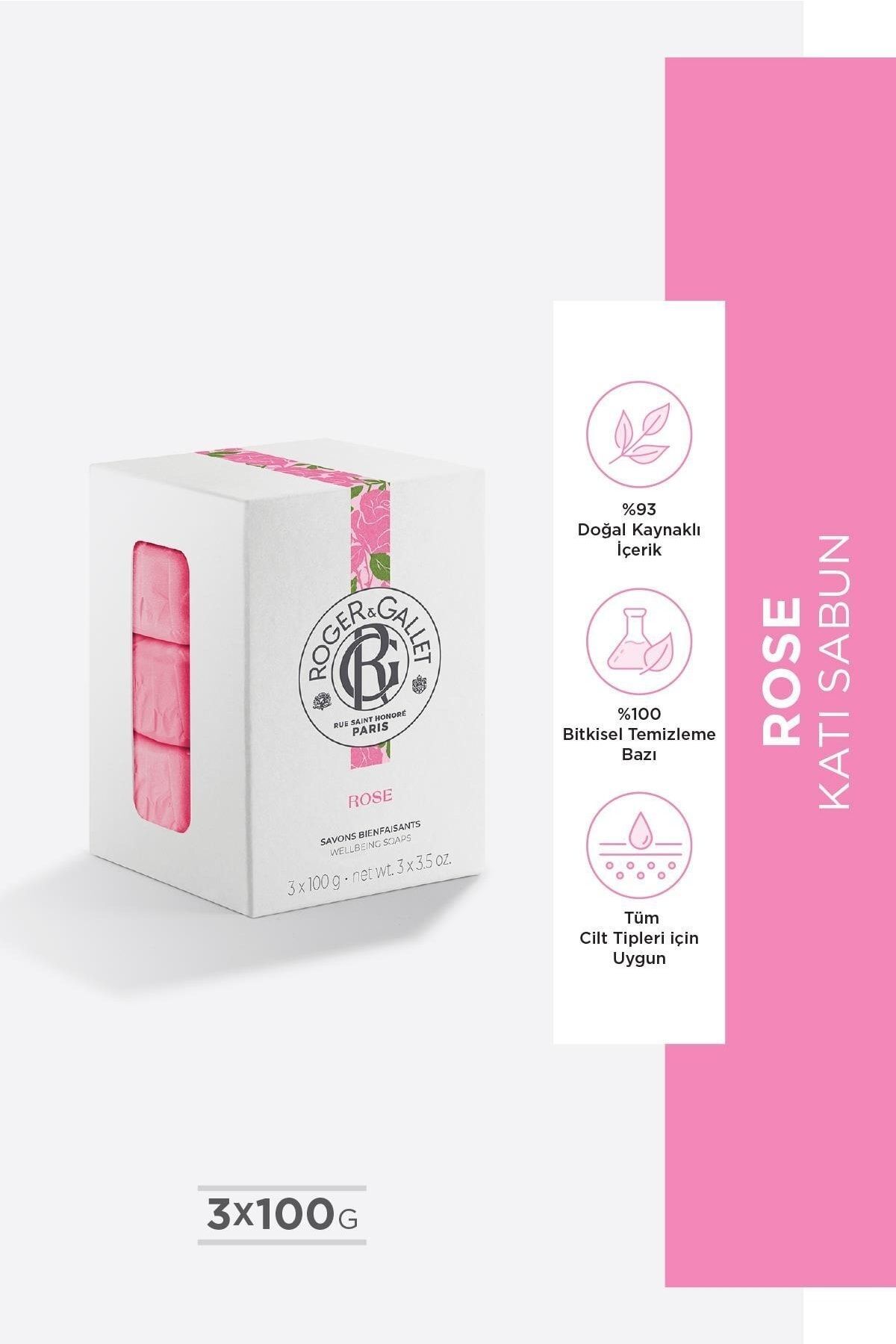 Roger&Gallet Rose Bitkisel, Doğal, Mandalina, Gül Özlü, Canlandırıcı, Parfümlü Katı Sabun 3x100gr